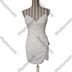 Crystal Doll SpagettiStrap FauxWrapedAround Rounched White Sequin MinDress SizeM